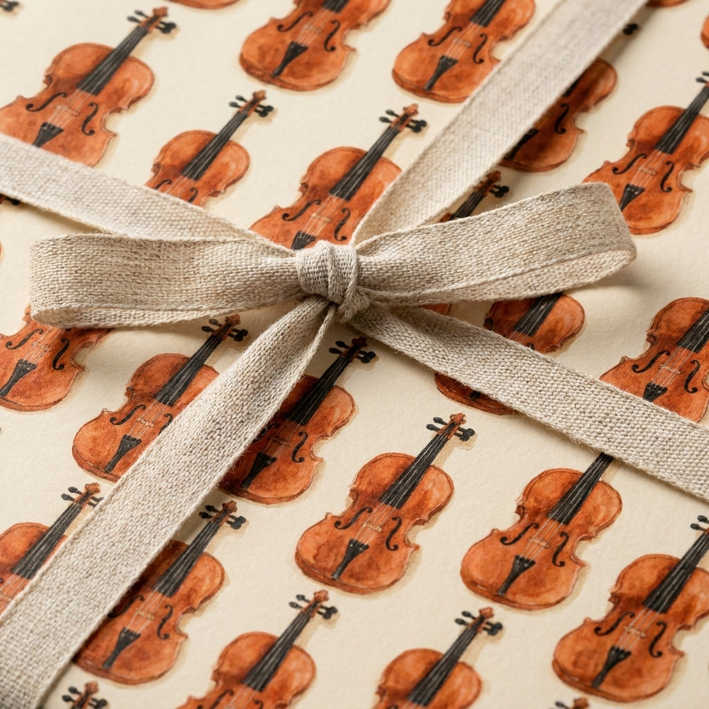 Watercolor violin wrapping paper tied with a natural linen bow, musical gift wrap by Wrapped Studios.
