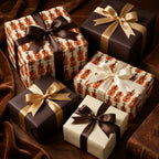 Vintage violin wrapping paper on elegant gift boxes with satin ribbons by Wrapped Studios.