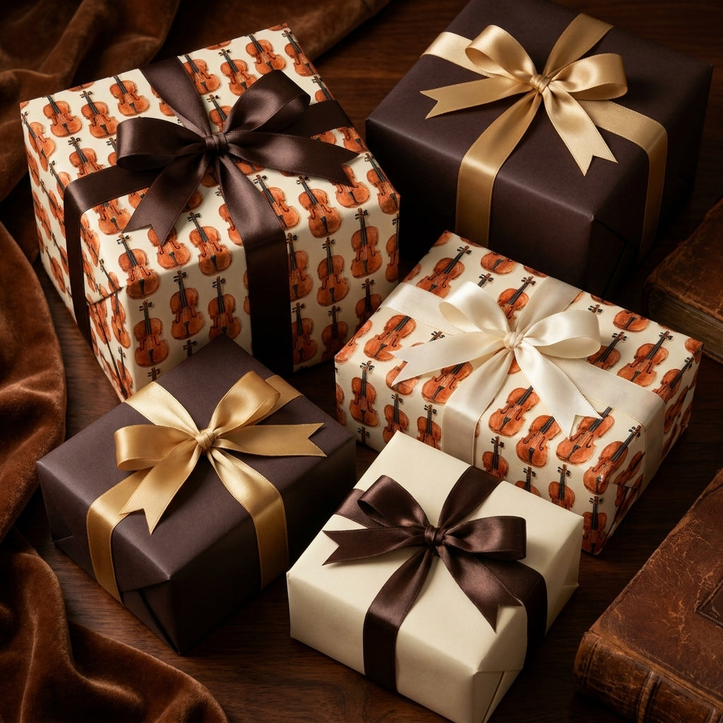 Vintage violin wrapping paper on elegant gift boxes with satin ribbons by Wrapped Studios.