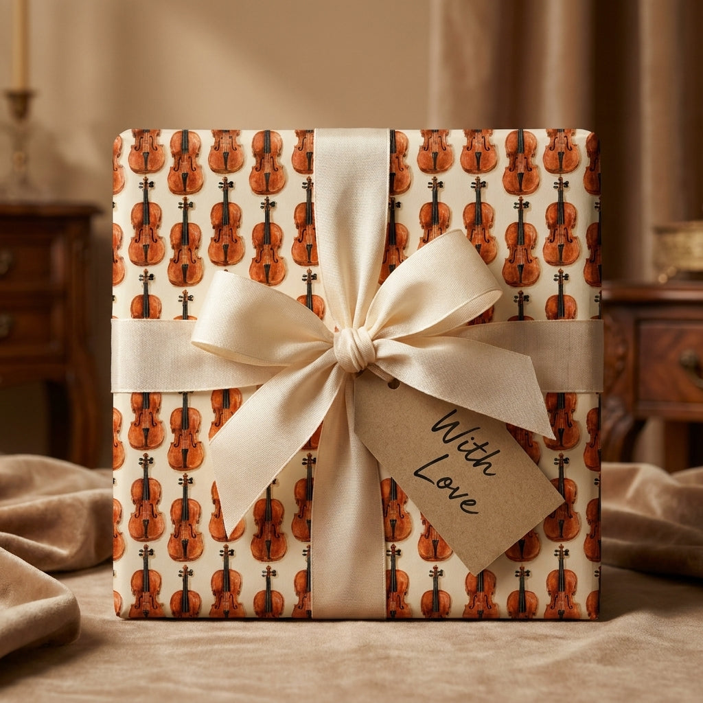 Violin wrapping paper with a cream satin ribbon and "With Love" tag by Wrapped Studios.
