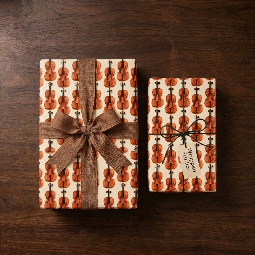 Music themed violin wrapping paper by Wrapped Studios on gifts with a brown burlap bow.