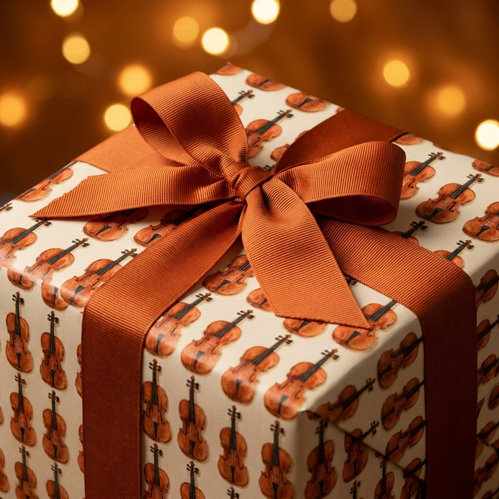 Violin wrapping paper with a brown ribbon bow on a gift box by Wrapped Studios.
