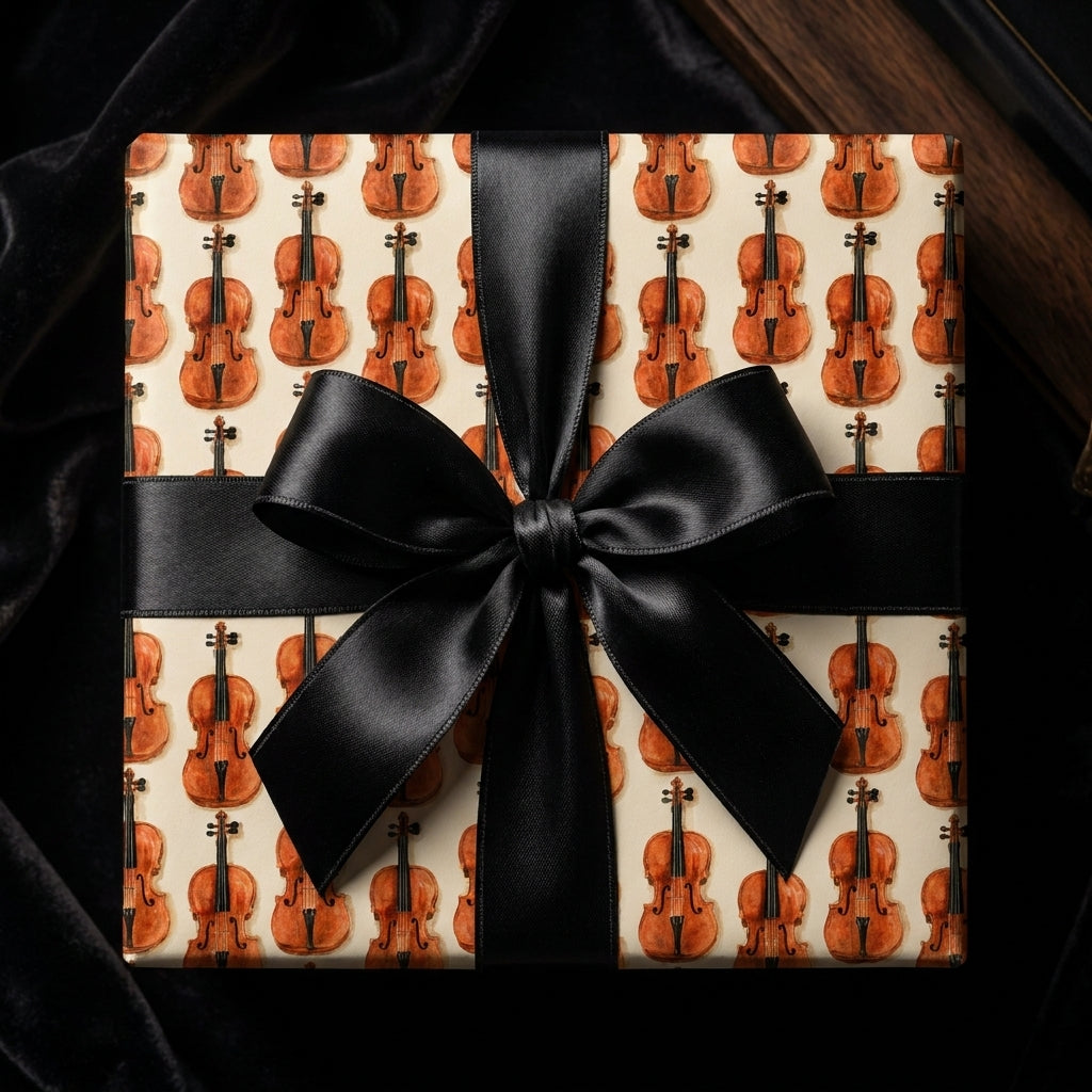 Luxury violin wrapping paper with a black satin bow on a gift box by Wrapped Studios.