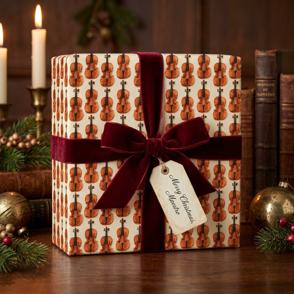 Vintage violin Christmas wrapping paper with a burgundy velvet bow, by Wrapped Studios.