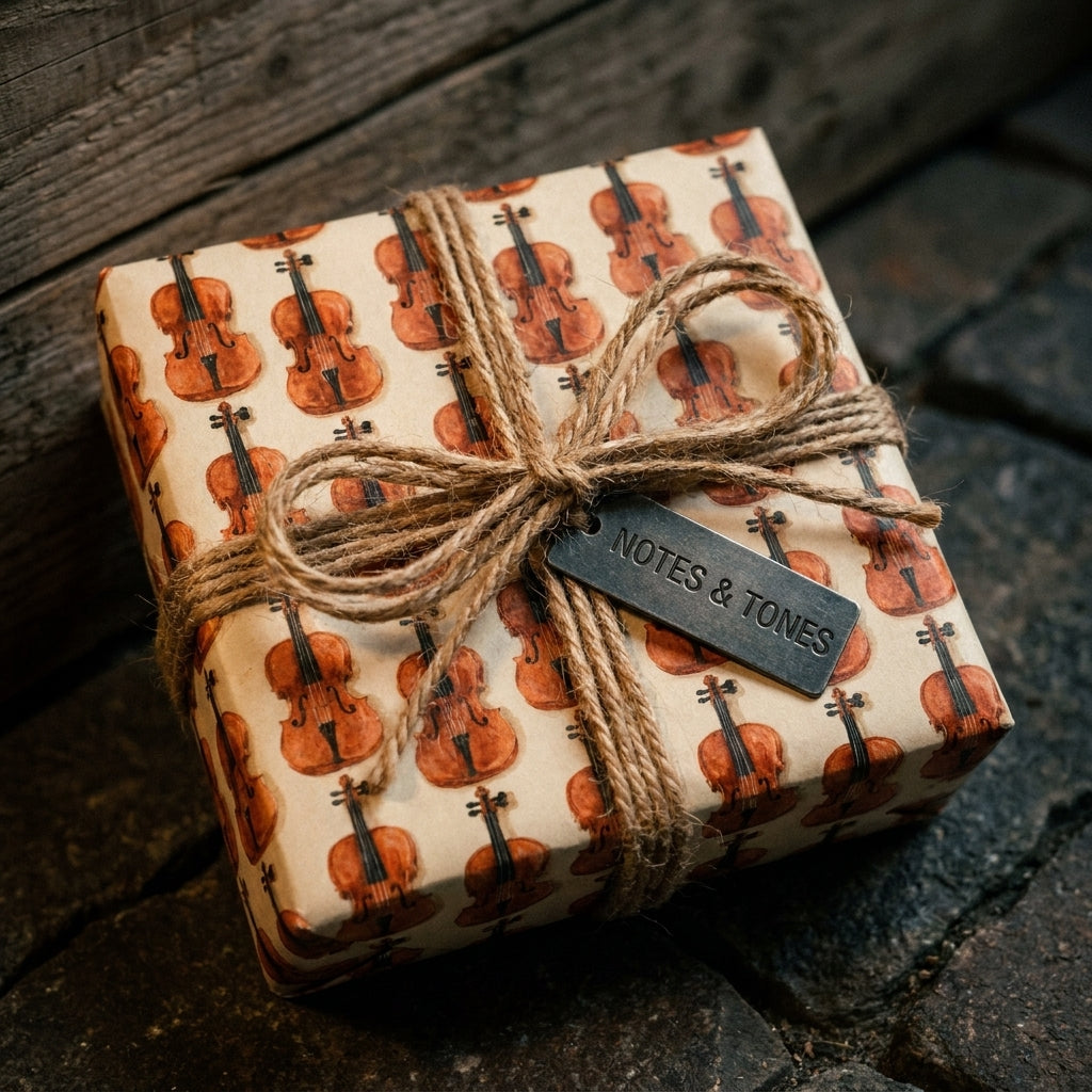 Music themed gift wrap with watercolor violins and rustic twine bow, by Wrapped Studios.