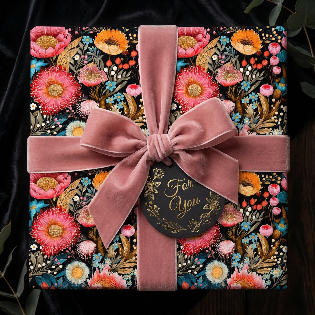 Elegant floral wrapping paper on square gift box with pink velvet ribbon and "For You" tag.