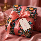 Floral wrapping paper from Wrapped Studios. A gift wrapped with a peach-colored ribbon and "With Love" tag.