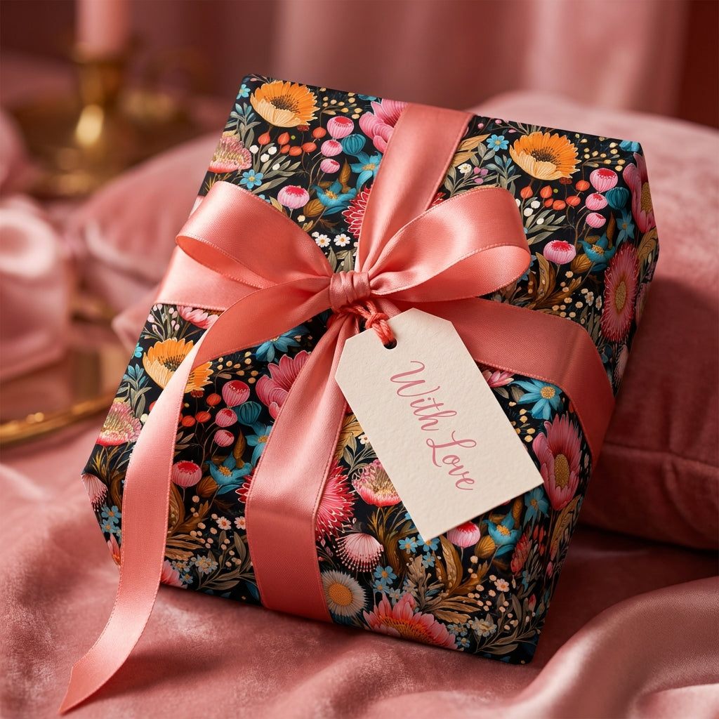 Floral wrapping paper from Wrapped Studios. A gift wrapped with a peach-colored ribbon and "With Love" tag.