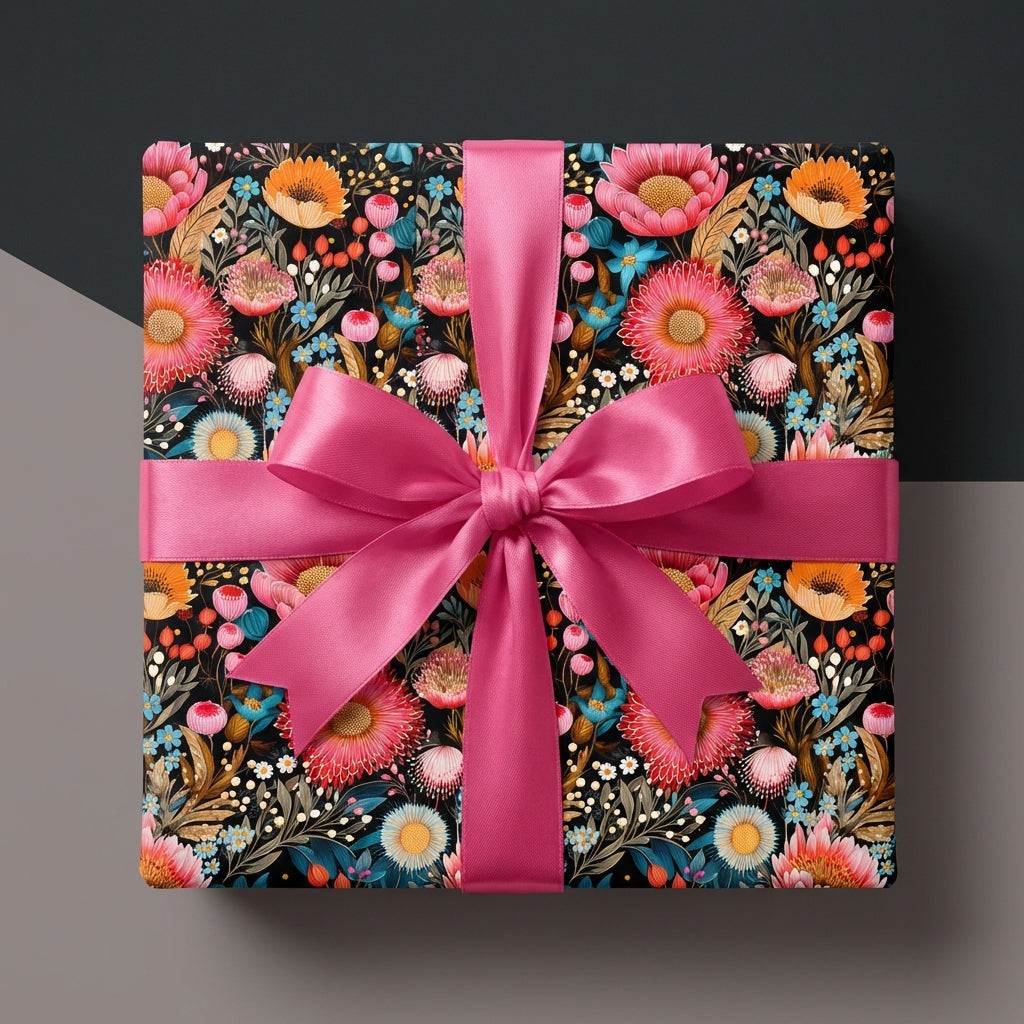 Elegant floral wrapping paper with a pink satin bow. Wrapped Studios gift wrap.