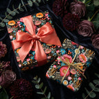 Wrapped gifts in floral wrapping paper with ribbons and flowers, for elegant gift giving.