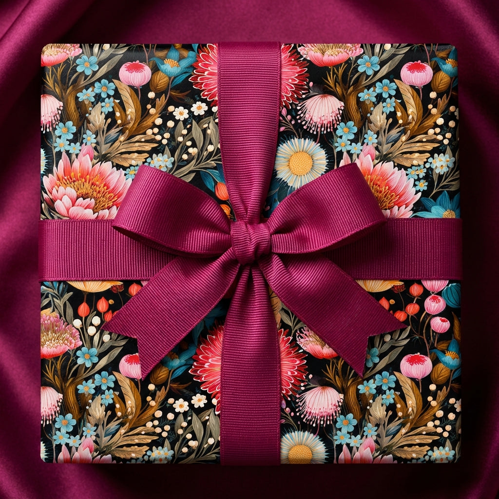 Floral wrapping paper on a gift box with a wine-colored ribbon bow from Wrapped Studios.