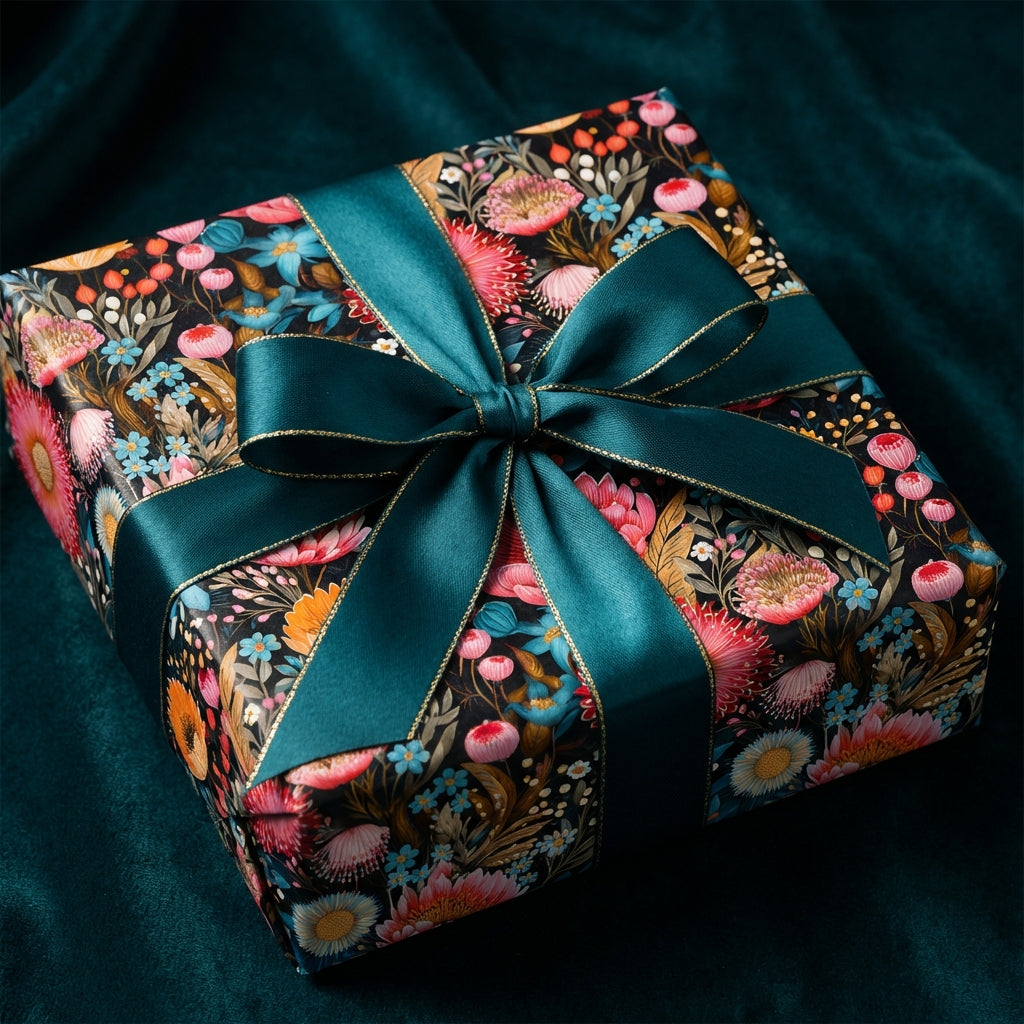 Elegant floral wrapping paper with dark green ribbon and gold trim from Wrapped Studios.