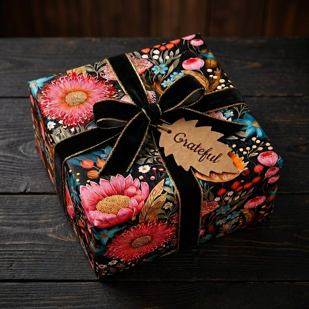 Elegant gift wrapped in floral wrapping paper with a black velvet bow.