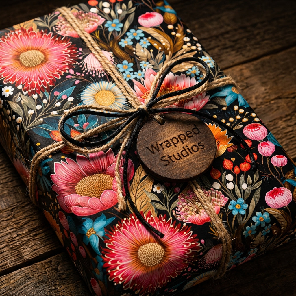 Wrapped Studios floral wrapping paper with rustic twine bow and wooden gift tag.