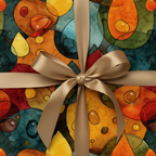 Abstract gift wrap featuring gold ribbon; colorful, modern wrapping paper design.