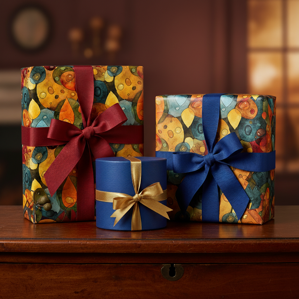 Three gifts wrapped in colorful, modern wrapping paper with ribbons, perfect for birthday or holiday presents.