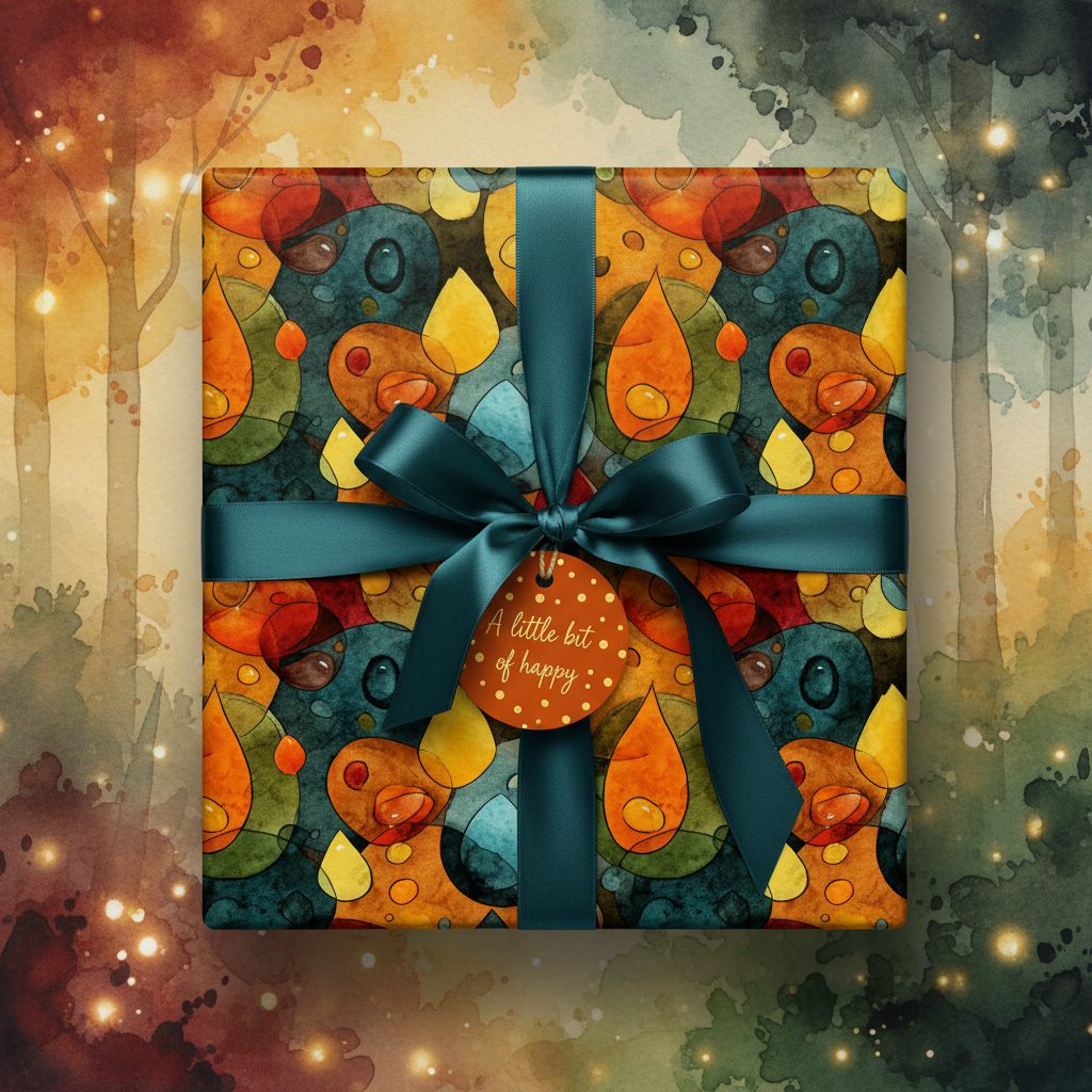 Whimsical gift wrapped in artistic patterned paper with teal ribbon; ideal birthday or holiday wrapping paper.