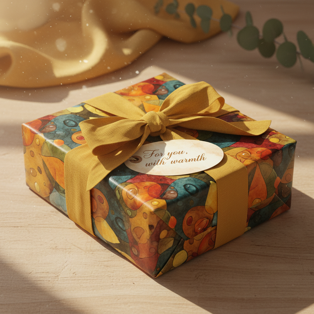 Square gift box wrapped in patterned gift wrap with mustard ribbon bow and tag.