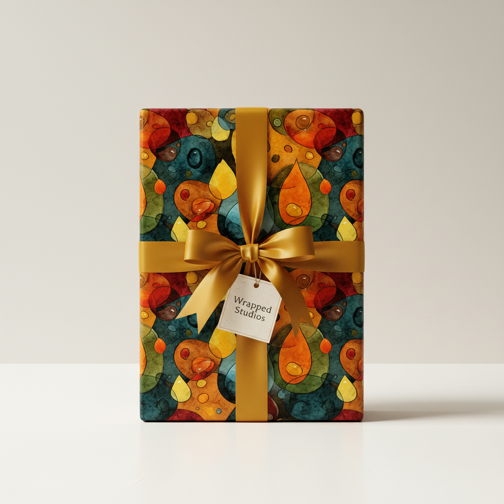 Modern gift wrapped in abstract watercolor pattern paper with a gold satin ribbon and bow.