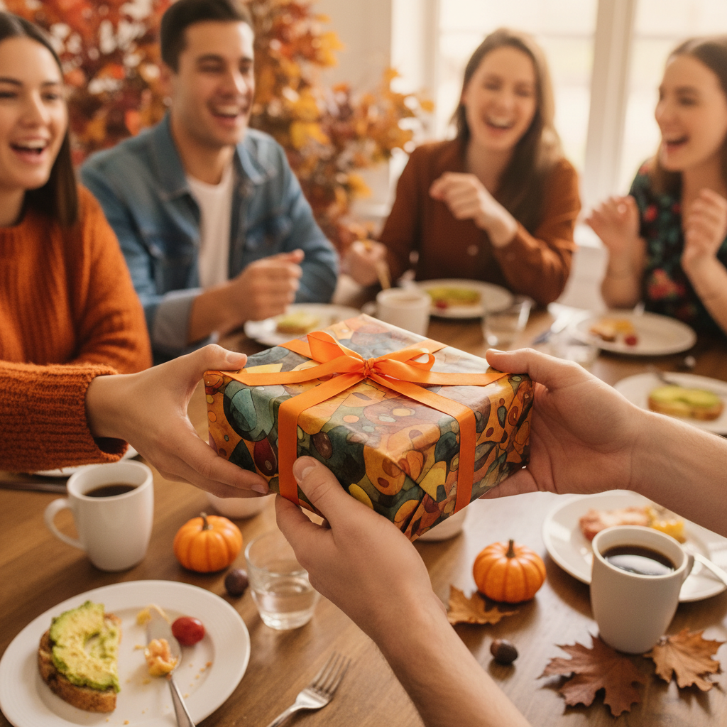 Giving a gift wrapped in artistic fall-themed wrapping paper with an orange ribbon.