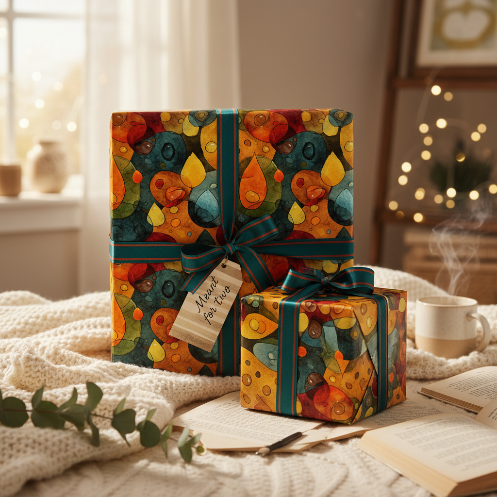 Two gifts wrapped in modern wrapping paper with a teal ribbon, "Meant for two" tag on a cozy blanket.