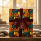 Teal & amber abstract wrapping paper with velvet ribbon on a gift box for autumn birthdays or fall celebrations.