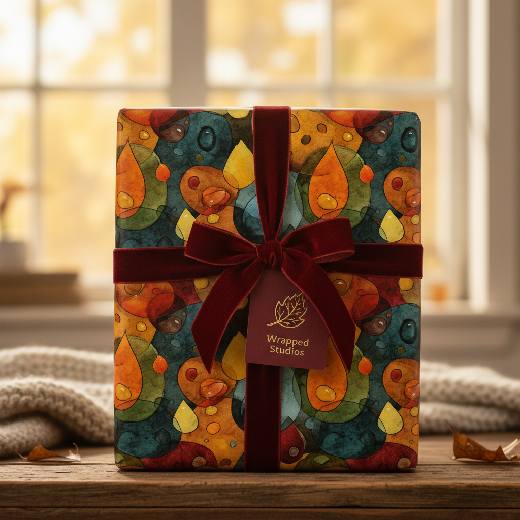 Teal & amber abstract wrapping paper with velvet ribbon on a gift box for autumn birthdays or fall celebrations.