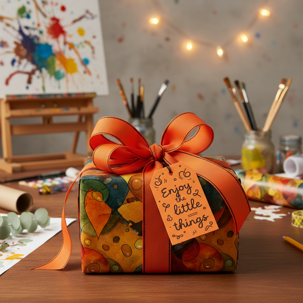 Modern abstract floral wrapping paper on a gift box tied with an orange ribbon and “Enjoy the little things” tag.