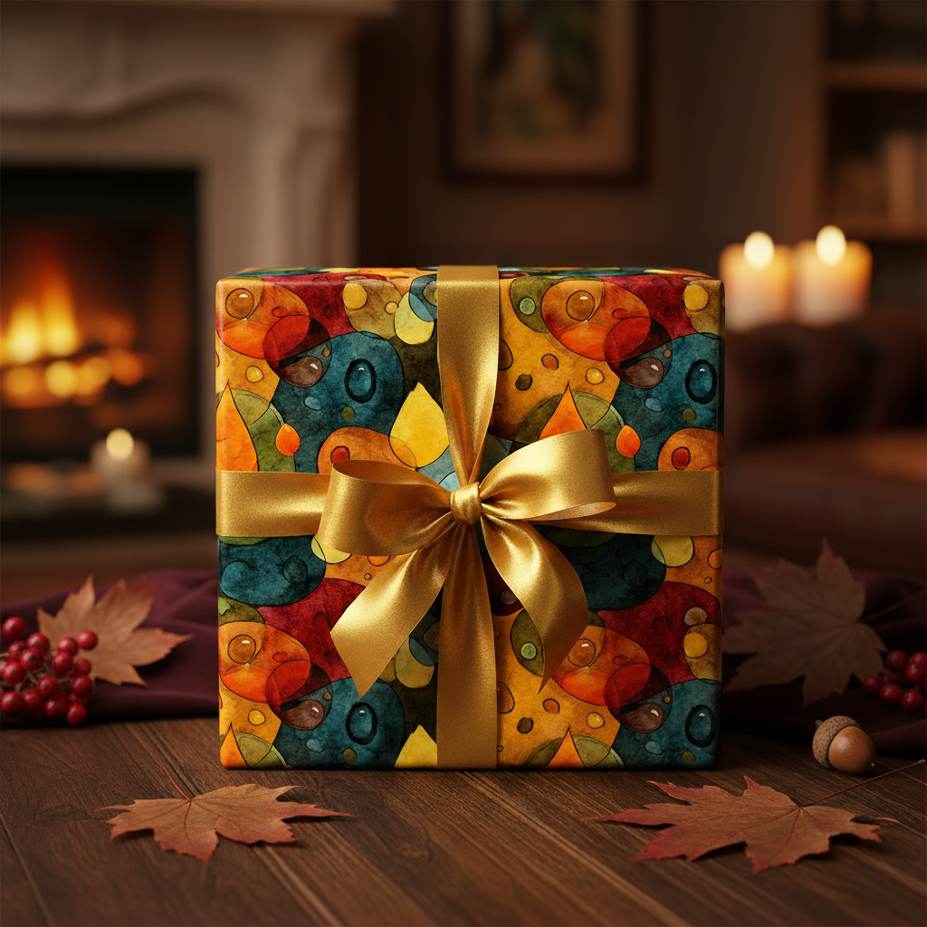 Festive gift wrapped in colorful abstract wrapping paper with a gold ribbon, against a cozy fireplace backdrop.