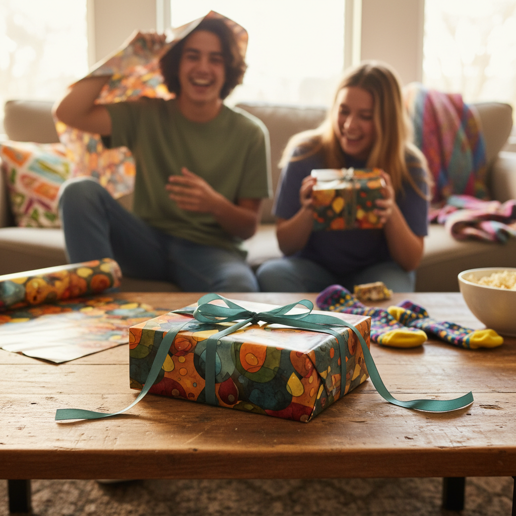 Unwrapped gift in colorful abstract patterned birthday wrapping paper with teal ribbon, joyous friends in background.