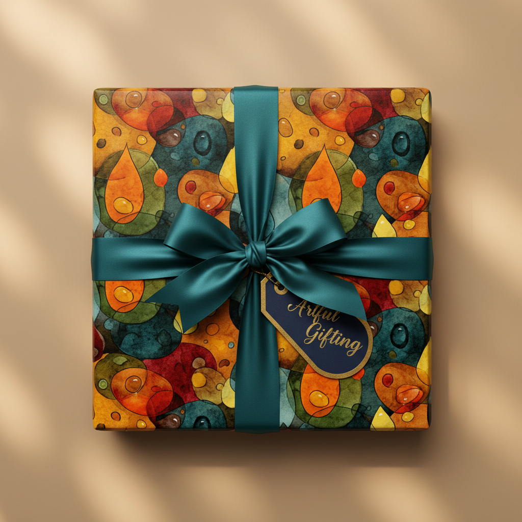 Gift wrapped in abstract, colorful designer wrapping paper with teal satin ribbon and tag.