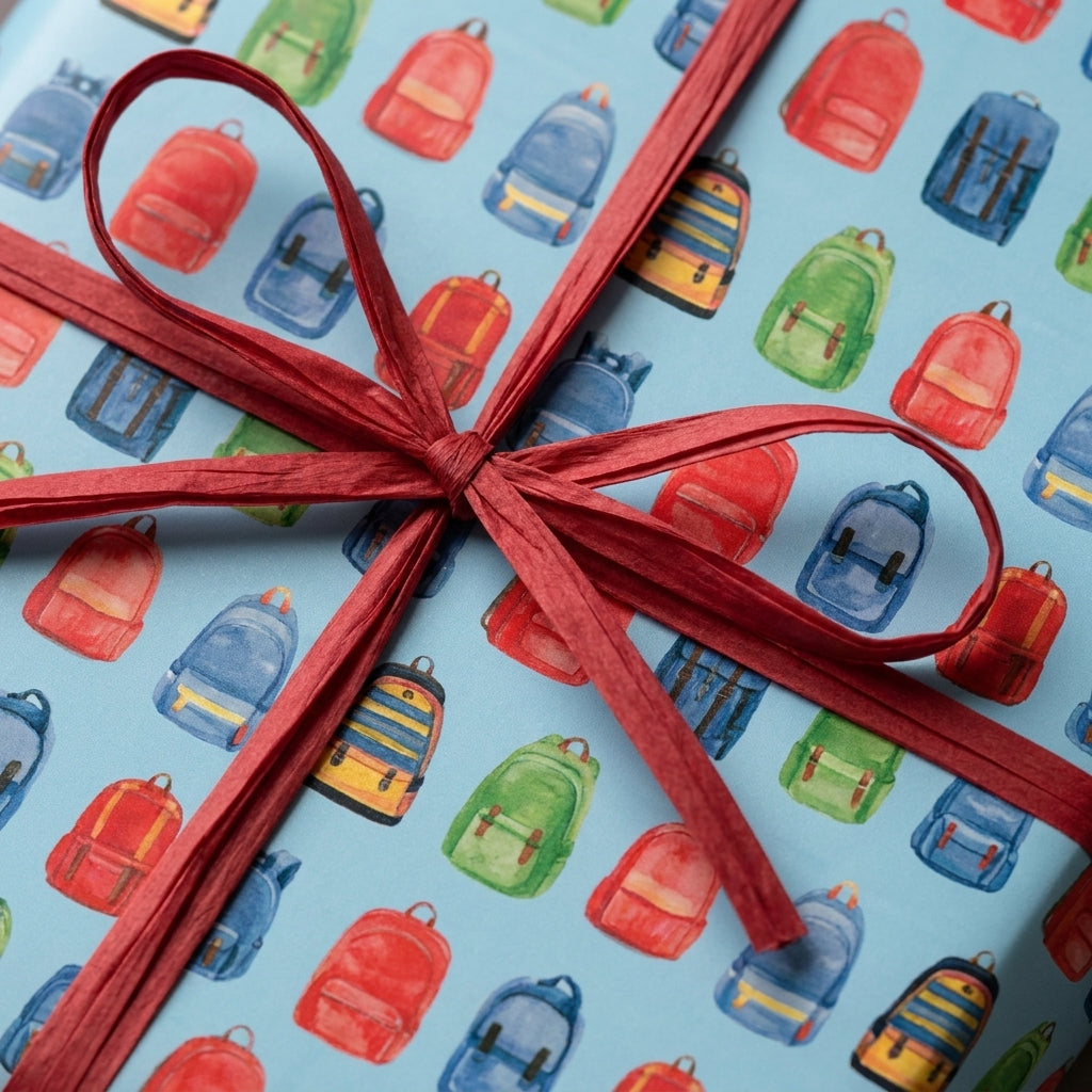Back to school wrapping paper with a colorful backpack pattern and red raffia bow by Wrapped Studios.