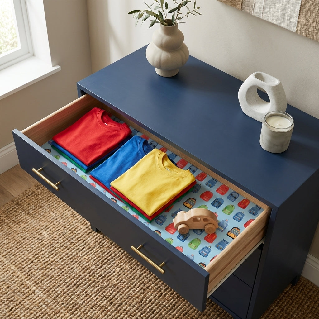 Kids backpack wrapping paper used as a drawer liner in a blue dresser by Wrapped Studios.