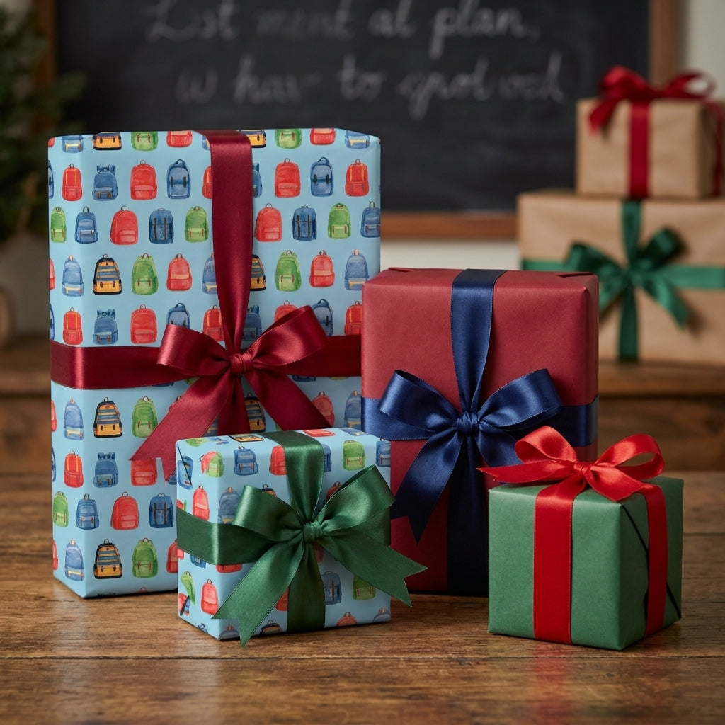 Back to school wrapping paper with colorful backpack pattern on blue gift boxes by Wrapped Studios.