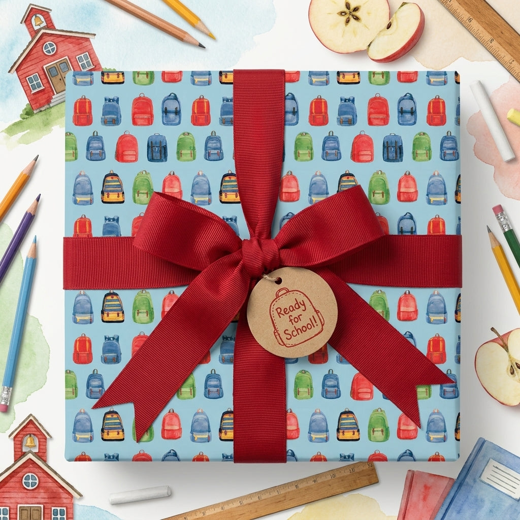 Watercolor back to school wrapping paper with colorful backpacks and a red ribbon bow by Wrapped Studios.