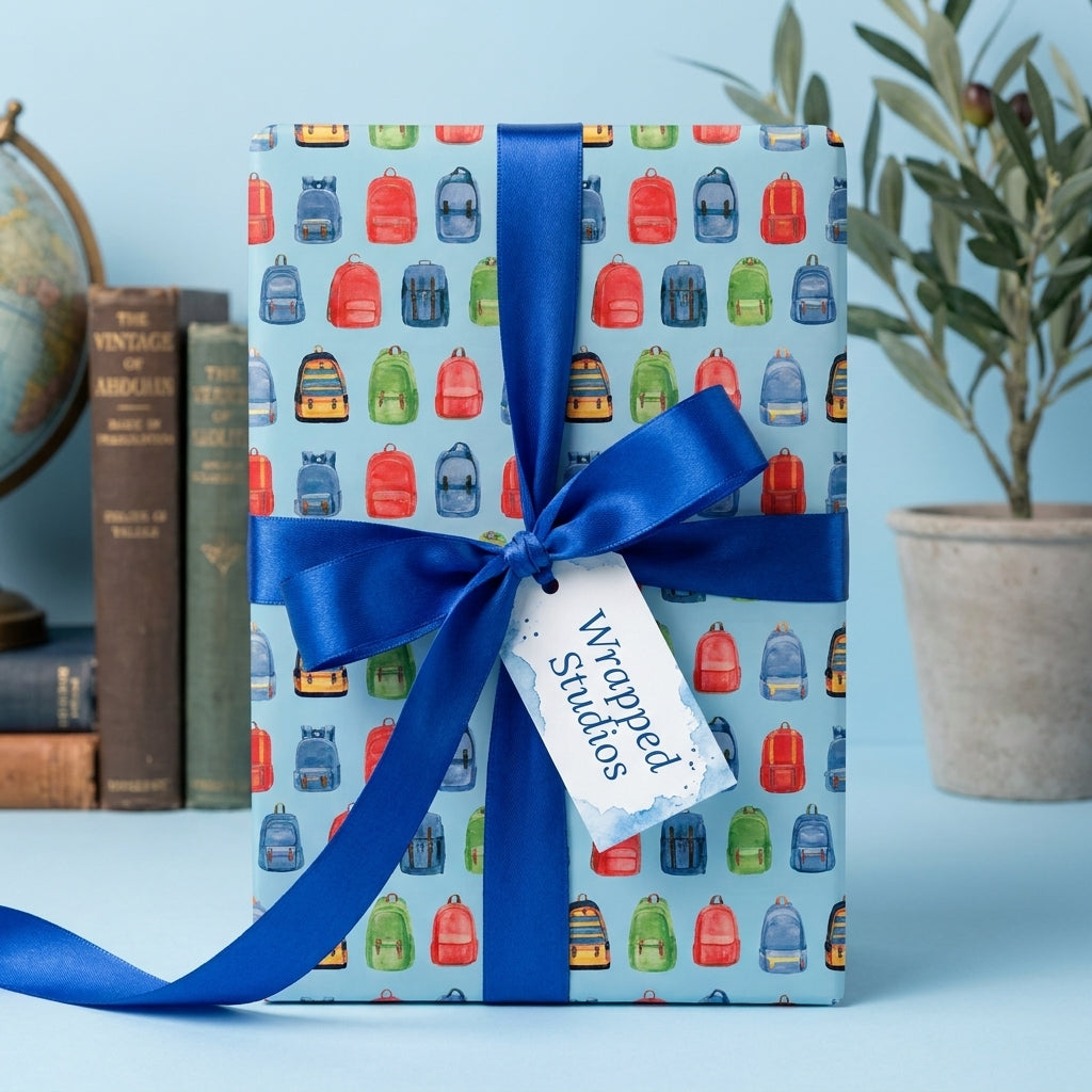 Back-to-school wrapping paper with watercolor backpacks and a blue satin bow, by Wrapped Studios.
