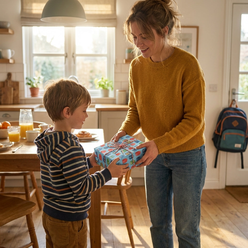 Mother giving a birthday gift in cute blue kids wrapping paper with red twine by Wrapped Studios.