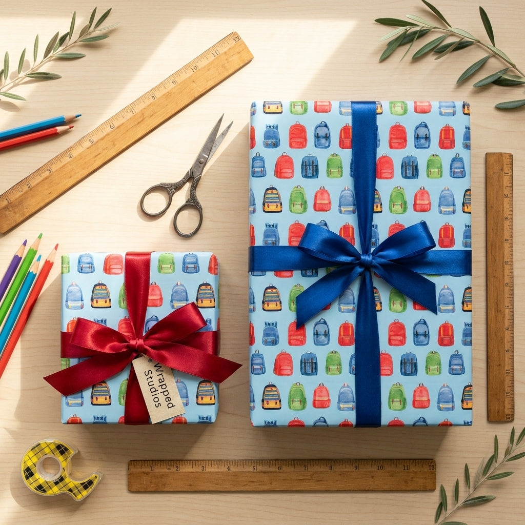 Back to school wrapping paper with colorful backpack print and satin ribbons by Wrapped Studios.