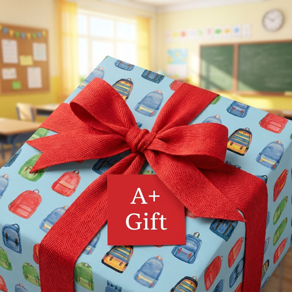 Back to school wrapping paper with watercolor backpack pattern and red bow, by Wrapped Studios.