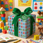 Cute backpack kids wrapping paper by Wrapped Studios, shown on a gift box with a big green velvet bow.