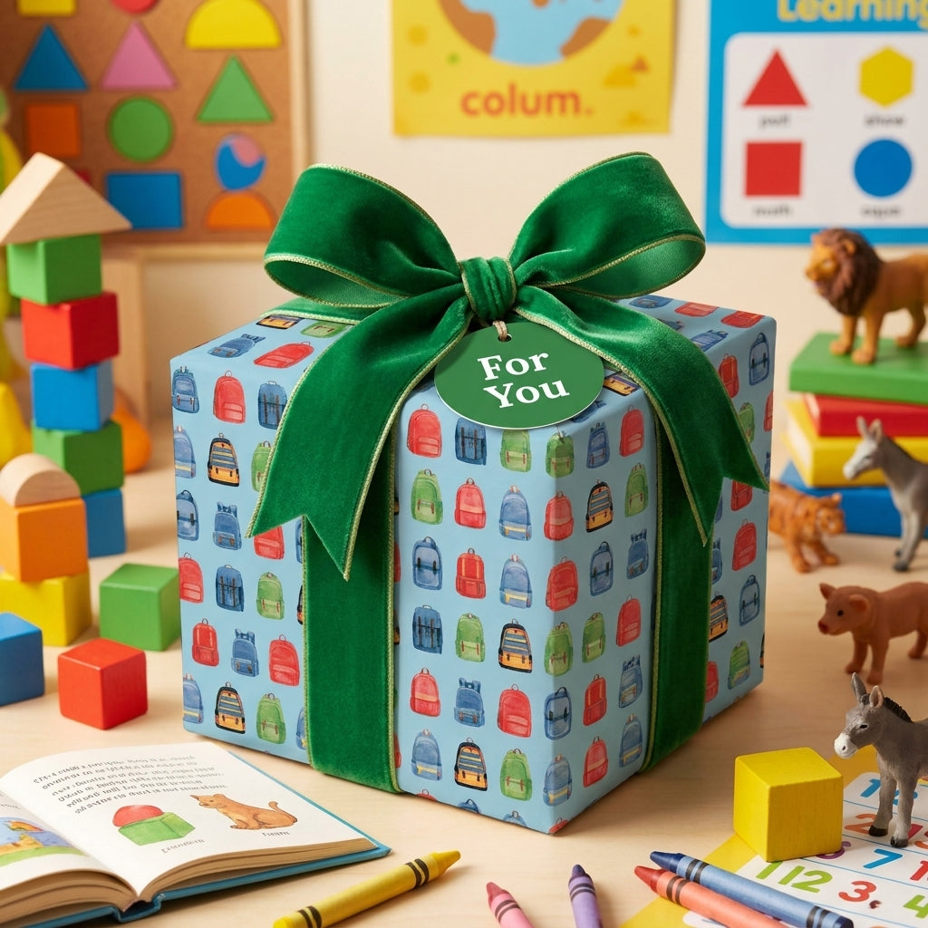 Cute backpack kids wrapping paper by Wrapped Studios, shown on a gift box with a big green velvet bow.