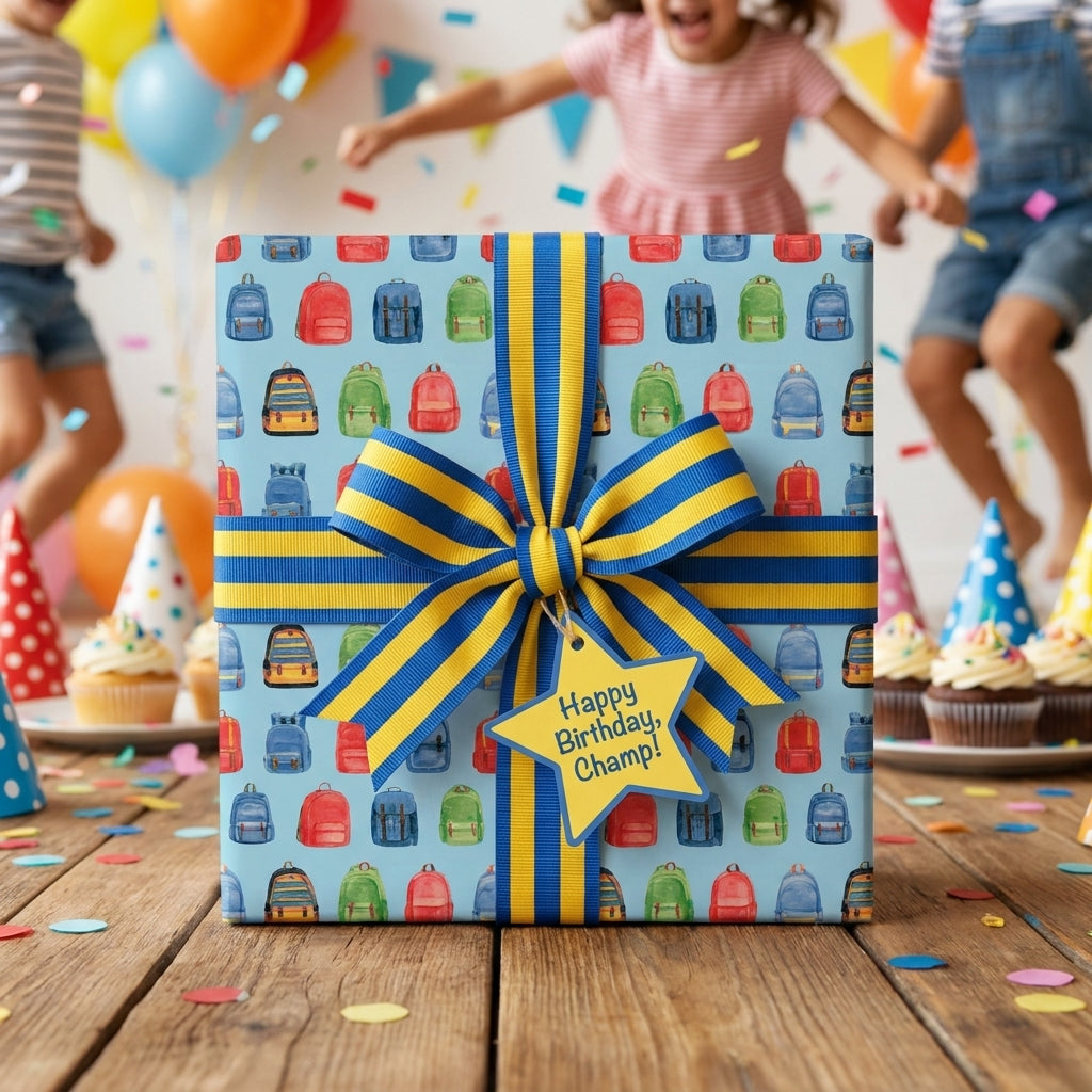 Backpack pattern kids birthday wrapping paper with a yellow and blue bow by Wrapped Studios.