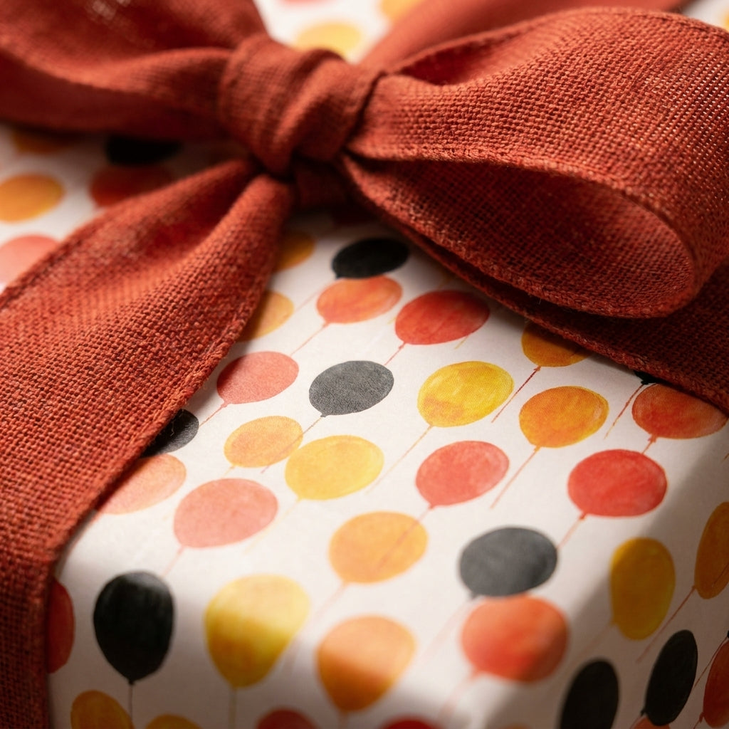 Balloon birthday wrapping paper with a rust orange linen bow by Wrapped Studios.