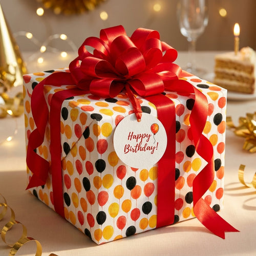 Balloon birthday wrapping paper with a red satin bow and tag, by Wrapped Studios.