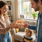 Family exchanging a gift in colorful balloon birthday wrapping paper by Wrapped Studios.