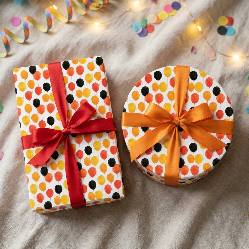 Playful balloon birthday wrapping paper on round and square gifts with satin bows, from Wrapped Studios.