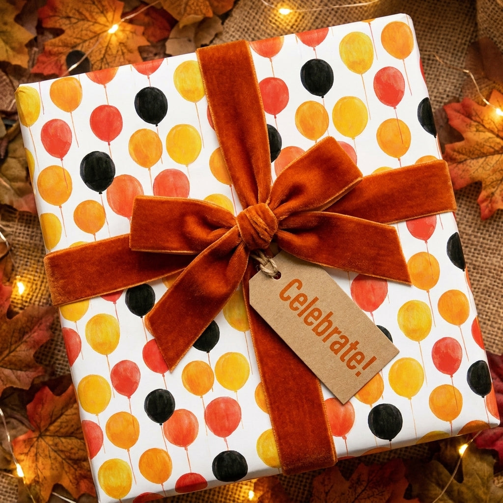 Fall balloon birthday wrapping paper with rust velvet bow and Celebrate tag, by Wrapped Studios.