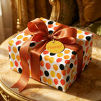 Balloon birthday wrapping paper with an orange ribbon and 'Hooray' tag by Wrapped Studios.