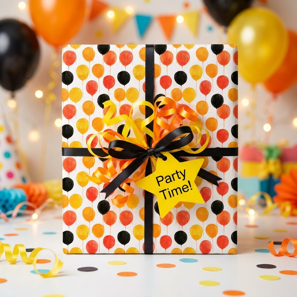 Playful watercolor balloon birthday wrapping paper with a party ribbon by Wrapped Studios.