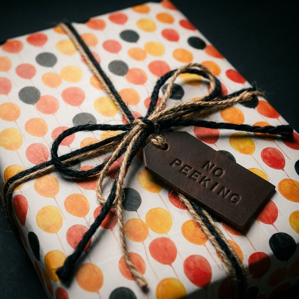 Festive balloon birthday wrapping paper by Wrapped Studios with rustic twine and a No Peeking tag.